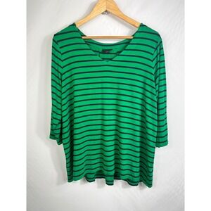 J. Jill Wearever Green Navy Blue Striped V-Neck 3/4 Sleeve Top Womens XL